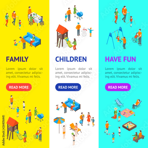 Families Spending Free Time 3d Banner Vecrtical Set Isometric View. Vector