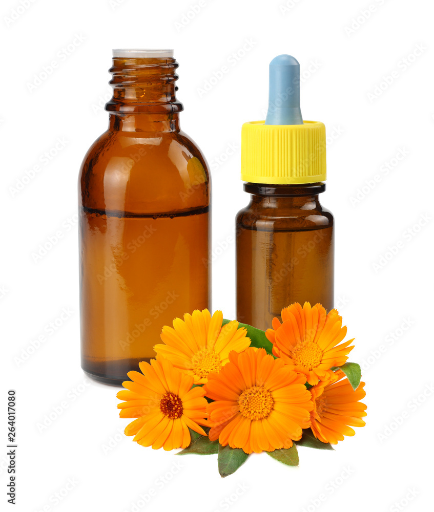 bottle with marigold oil with marigold flowers isolated on white background. calendula flower. bottle with marigold oil with marigold flowers isolated on white background. calendula flower.
