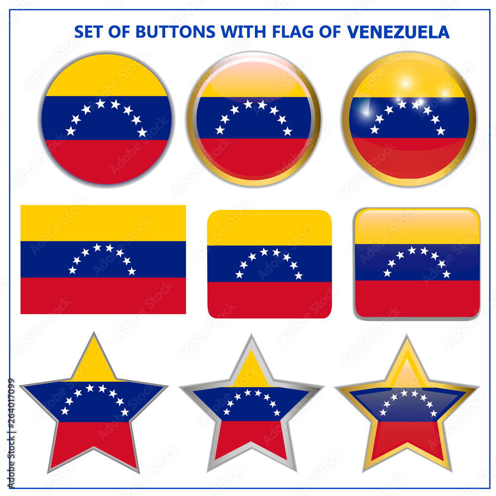 Naklejka premium Bright buttons with flag of Venezuela. Colorful illustration with flag for web design. Banner with white background.