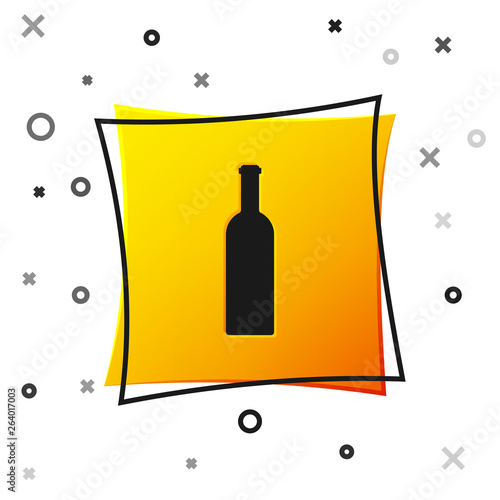Black Bottle of wine icon isolated on white background. Yellow square button. Vector Illustration