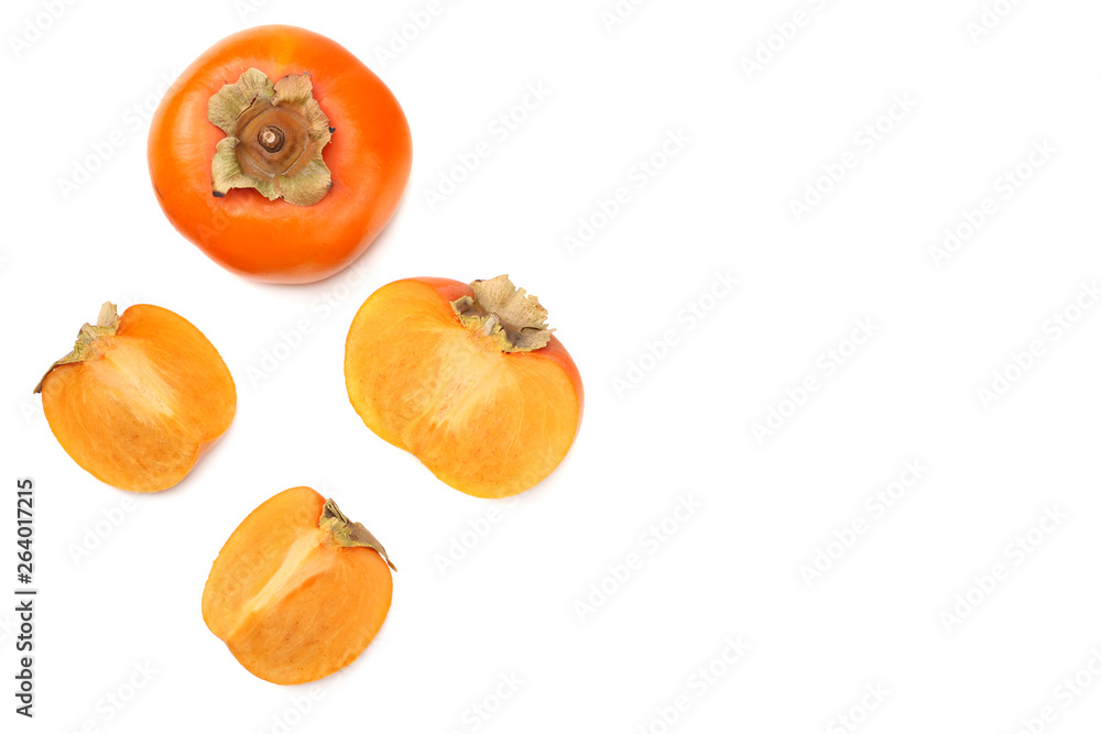 fresh ripe persimmons with slices isolated on white background. top view fresh ripe persimmons with slices isolated on white background. top view
