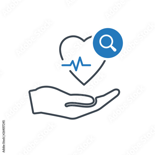 Health icon with research sign. Heart pulse icon and explore, find, inspect symbol