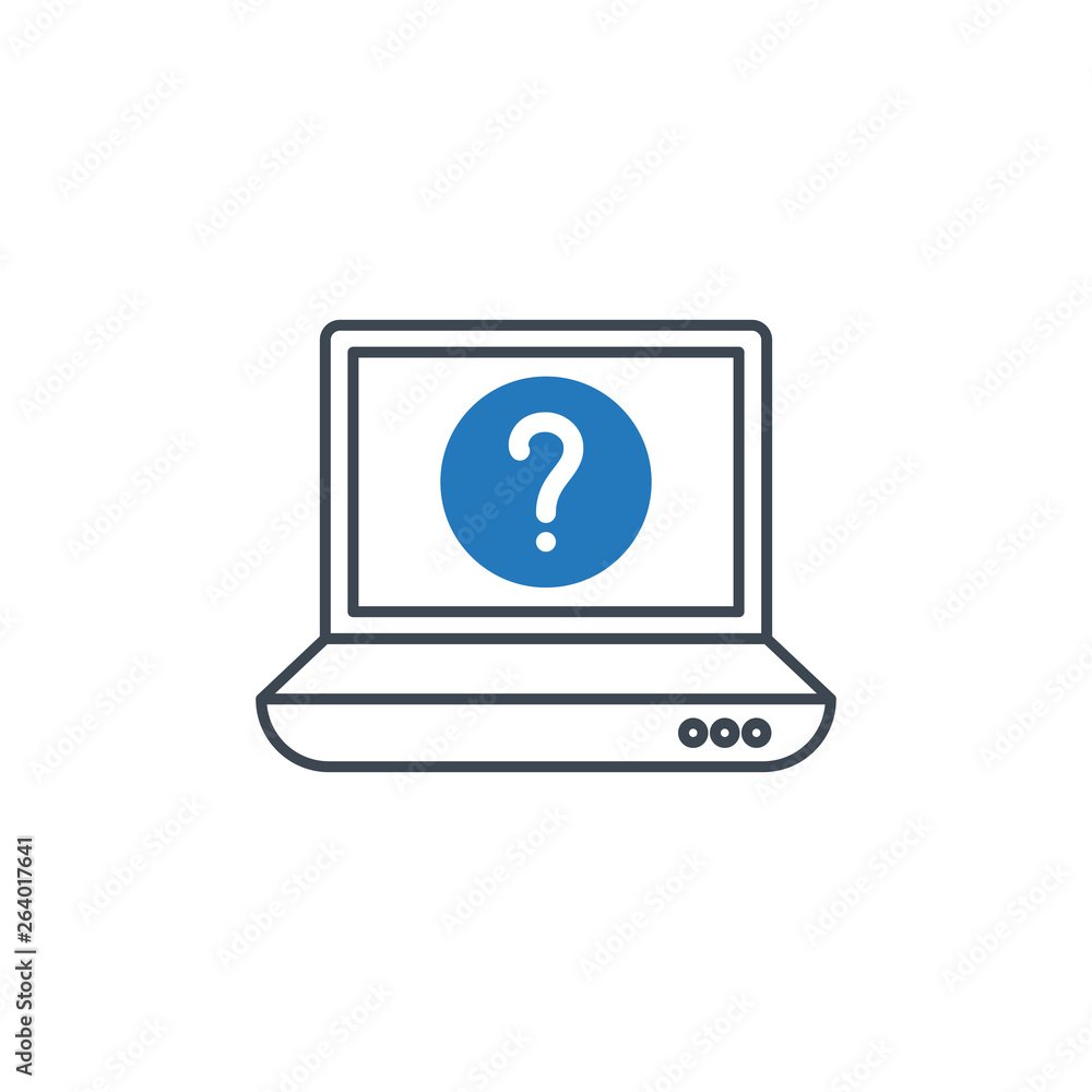Laptop icon with question mark. Notebook icon and help, how to, info, query symbol Laptop icon with question mark. Notebook icon and help, how to, info, query symbol