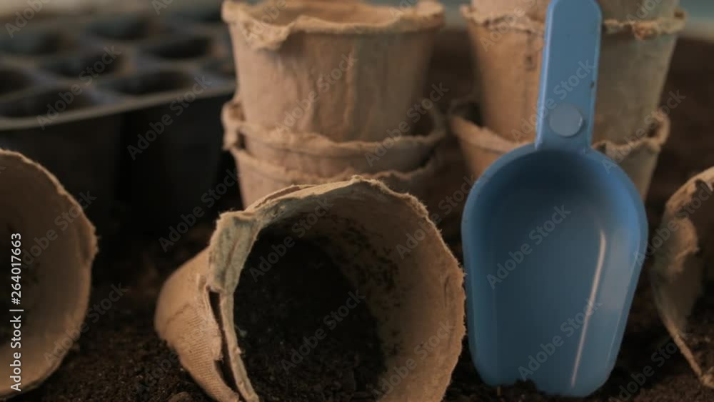 Biodegradable peat pots for organic farming food production on fertile soil ground, dolly slider shot Biodegradable peat pots for organic farming food production on fertile soil ground, dolly slider shot