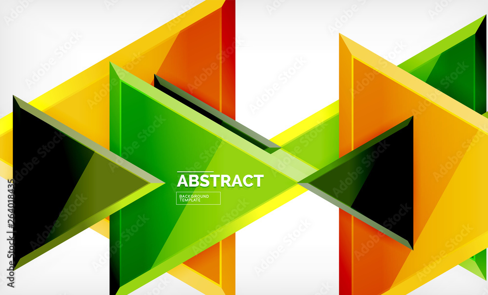 Triangles repetiton geometric abstract background, multicolored glossy triangular shapes, hi-tech poster cover design or web presentation template with copy space Triangles repetiton geometric abstract background, multicolored glossy triangular shapes, hi-tech poster cover design or web presentation template with copy space