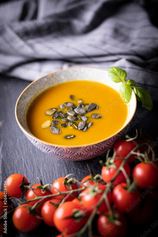 Appetizing pumpkin soup, cream soup with pumpkin seeds. Appetizing pumpkin soup, cream soup with pumpkin seeds.