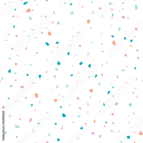 Terrazzo flooring textured surface modern abstract pattern. Vector seamless abstract repeat with chips of marble or granite in soft pastel  colors.