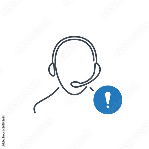 Support icon with exclamation mark. Customer service agent with headset icon and alert, error, alarm, danger symbol
