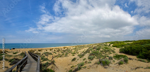 A wooden boardwalk across the dunes leading to El Portil beach, Province Huelva, Andalusia, Spain