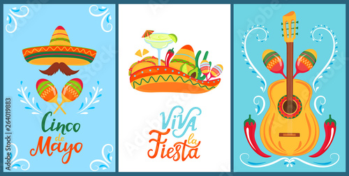 Cinco de Mayo. Viva la Fiesta. Hand drawn lettering. A set of festive posters to the Mexican national holiday. Sombreros, mustaches, maracas. Margarita cocktail, tacos, avocado, lime, guitar.