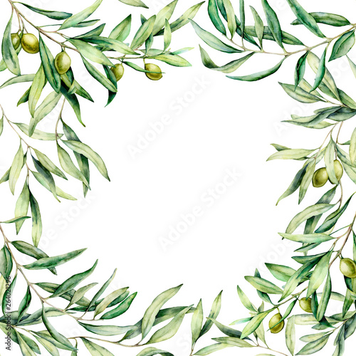 Watercolor border with olive branch and berries. Hand painted card with green olives isolated on white background. Floral botanical illustration for design  print