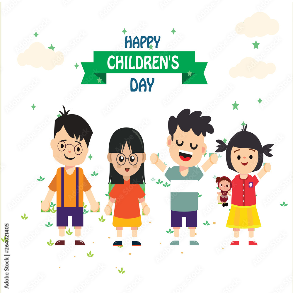 Happy children day background. Vector illustration of Universal Children day poster. Greeting card. Flat. Round frame. - Vector