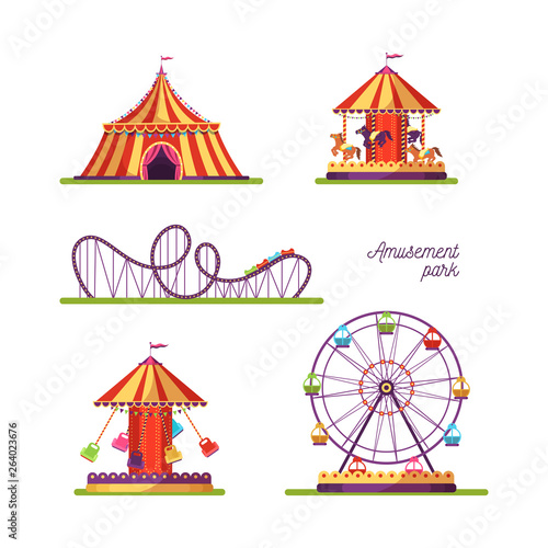 Amusement park attractions illustrations set