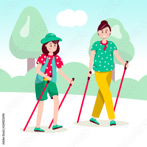 Women nordic walking flat illustration