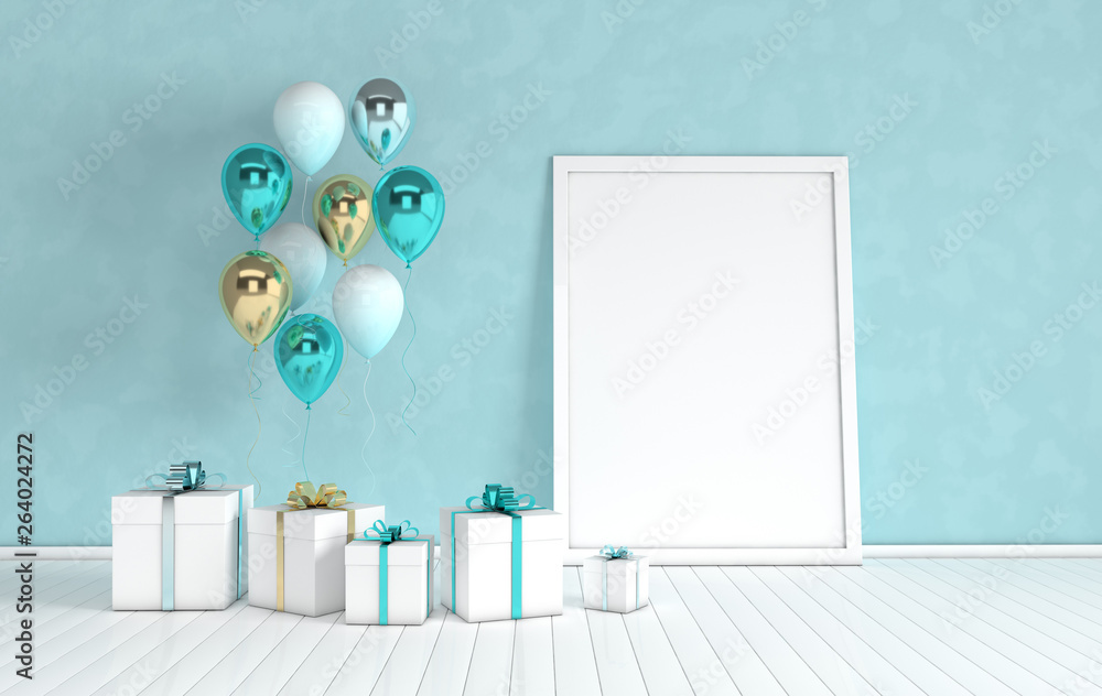 3d render interior with realistic gold and green balloons, gift box ...