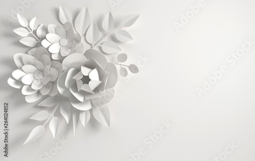 Paper whitel flowers background. Valentine's day, Easter, Mother's day, wedding greeting card. 3d render digital spring or summer flower pattern, illustration in paper art style.