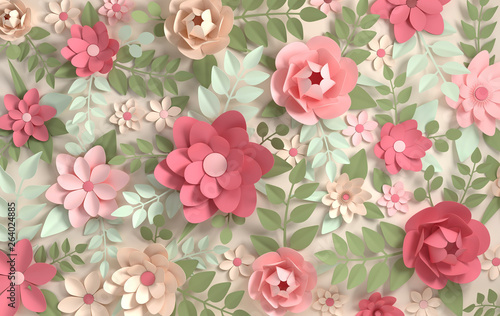 Fototapeta Naklejka Na Ścianę i Meble -  Paper colorful flowers  background. Valentine's day, Easter, Mother's day, wedding greeting card. 3d render digital spring or summer flower pattern, illustration in paper art style.