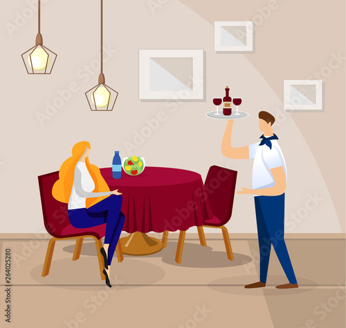 Woman Sitting in Cozy Restaurant and Waiting Order