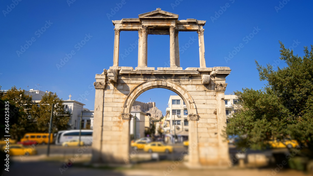 Hadrians Gate in busy downtown Athens, Greece