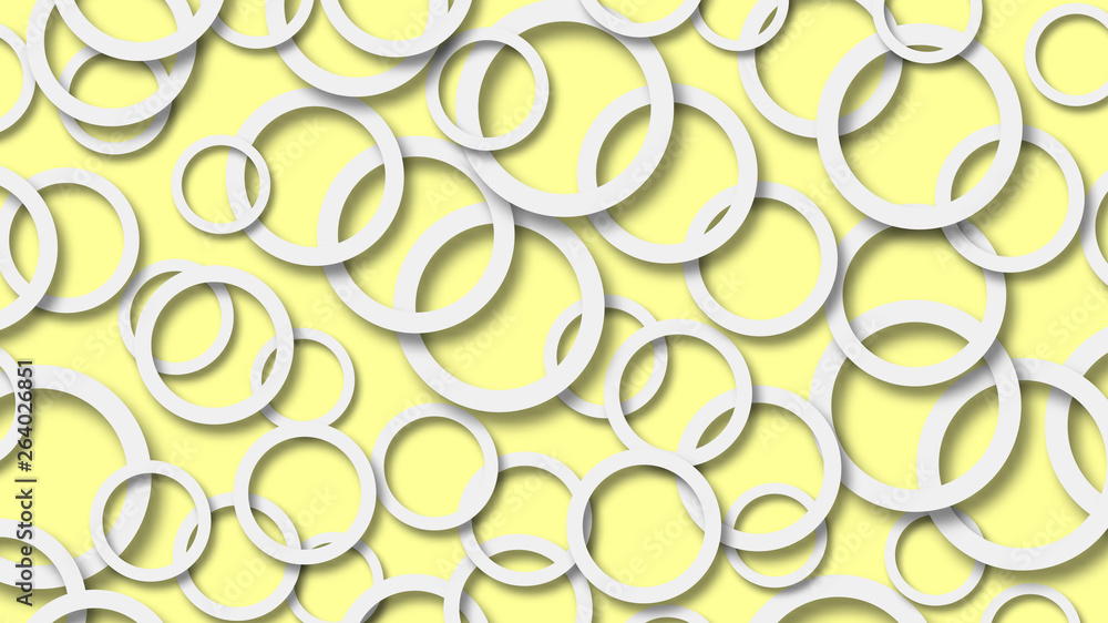 Abstract illustration of randomly arranged white rings with soft shadows on yellow background