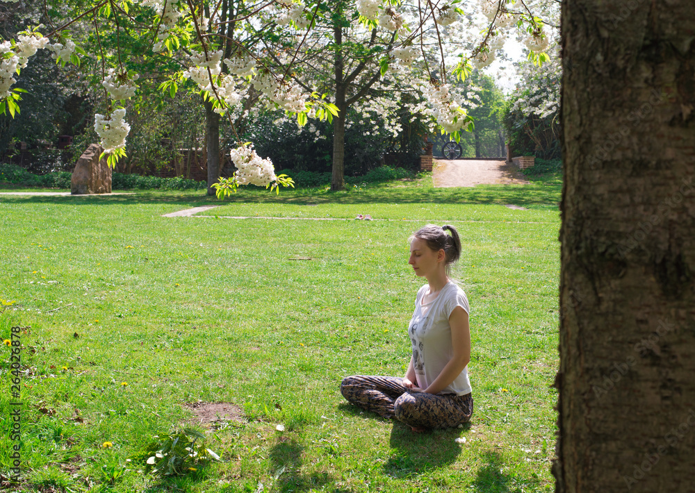 kobieta medytuje w parku - obrazy, fototapety, plakaty 