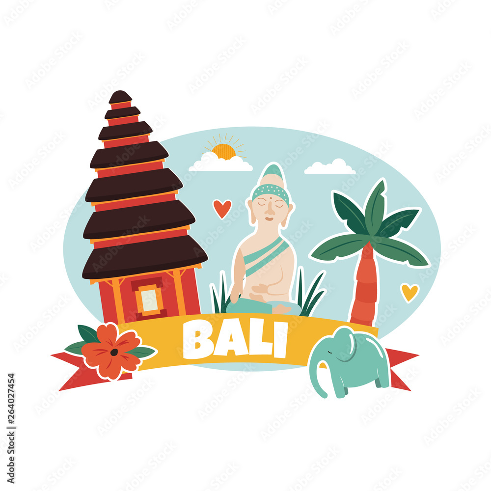 Cartoon illustration with Bali landmarks, symbols