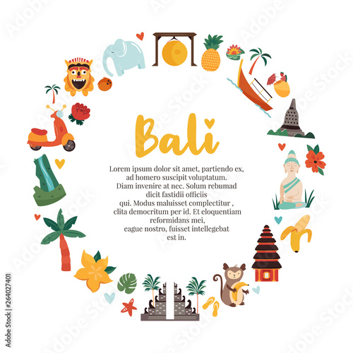Cartoon illustration with Bali landmarks  symbols