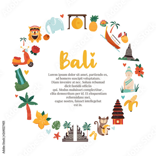 Cartoon illustration with Bali landmarks, symbols
