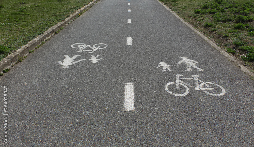 Bicycle and pedestrians road sign on asphalt. Bicycle and pedestrians road sign on asphalt.