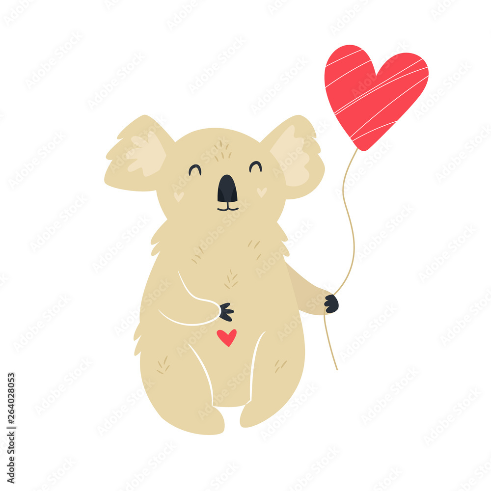 Naklejka premium Funny cute koala with heart shaped balloon
