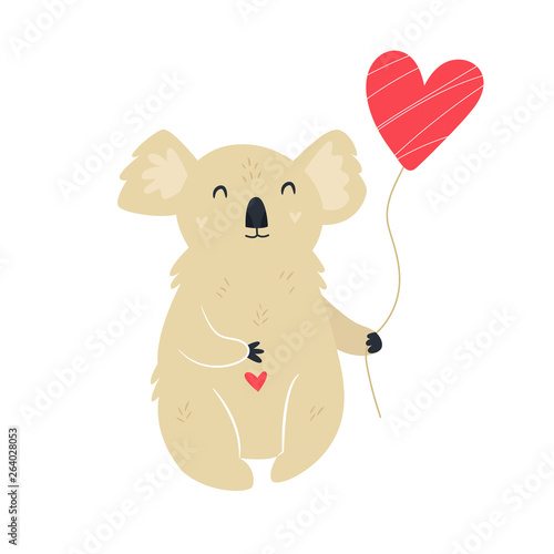 Funny cute koala with heart shaped balloon