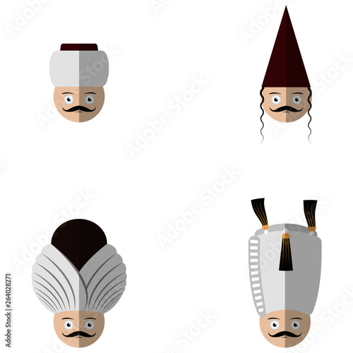 Another flat desing cartoon illustration set of Ottoman heads / headdresses in sticker style. An imam, an earlocked axeman (zülüflü baltaci) a pasha and a sultan. 