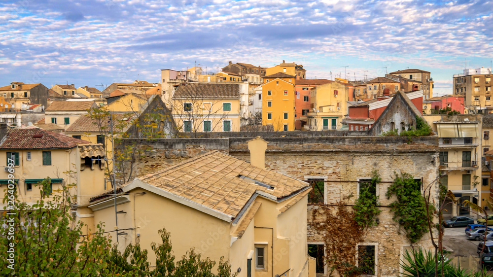 City skyline of Corfu, Greece shows the weathered buildings of old town
