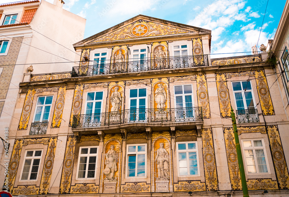 wall of an ancient palace covered with Azulejo, a typical ornament of Portuguese architecture