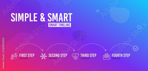 Infographic timeline. Snowflake, Startup and Smile icons simple set. Web mail sign. Air conditioning, Developer, Social media likes. World communication. Business set. 4 steps layout. Vector