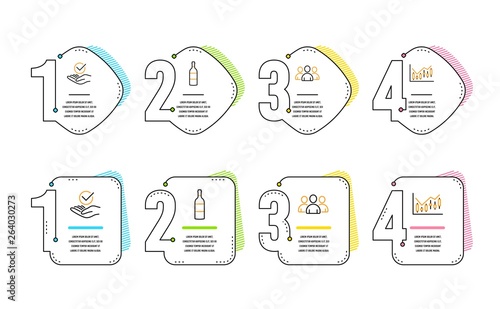 Group, Wine bottle and Approved icons simple set. Financial diagram sign. Group of users, Cabernet sauvignon, Verified symbol. Candlestick chart. Business set. Infographic timeline. Line group icon