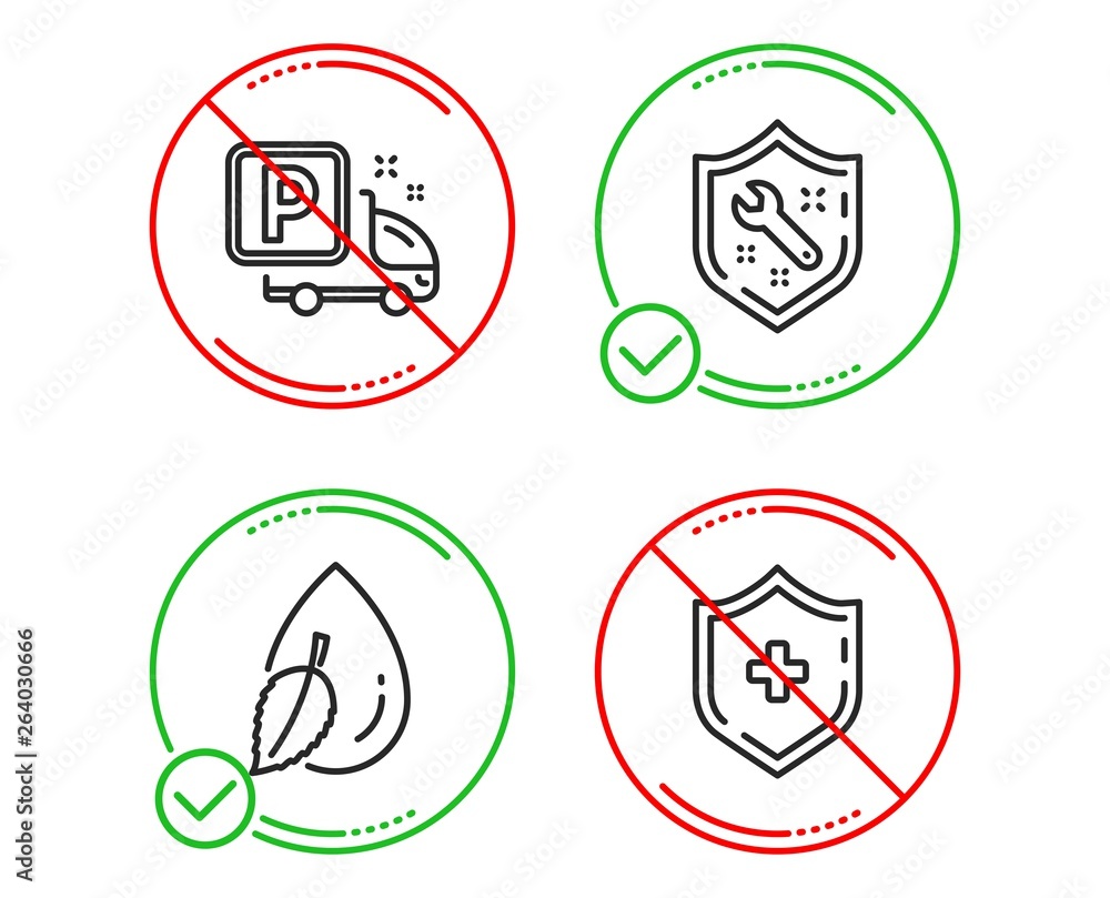 Fototapeta premium Do or Stop. Spanner, Water drop and Truck parking icons simple set. Medical shield sign. Repair service, Mint leaf, Free park. Medicine protection. Business set. Line spanner do icon. Vector