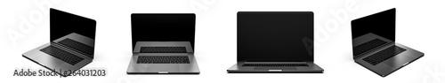 Set of laptops with blank screen isolated on white background, dark aluminium body. Whole in focus. High detailed.