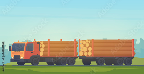 Truck with trailer for transportation of raw wood and timber products. Foresty industry. Vector flat style illustration.
