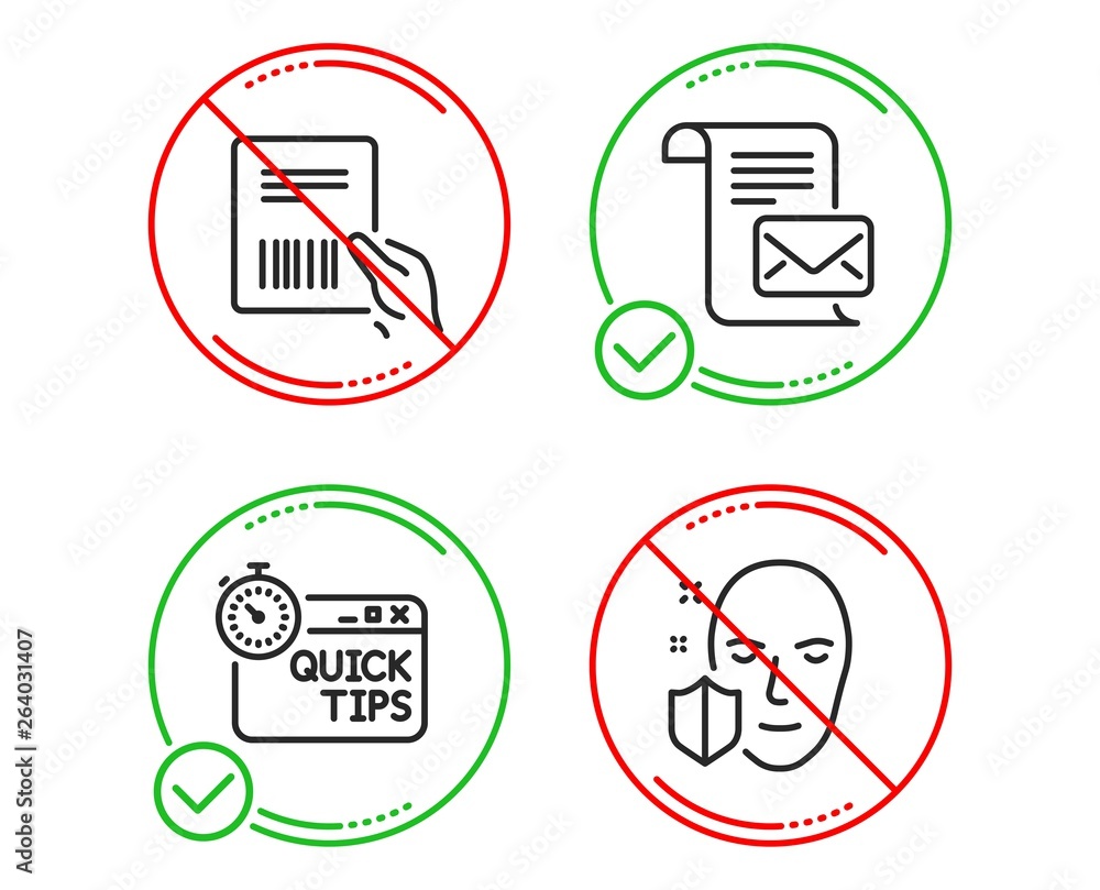 Do or Stop. Parcel invoice, Mail letter and Quick tips icons simple set. Face protection sign. Delivery document, Read e-mail, Helpful tricks. Secure access. Business set. Line parcel invoice do icon Do or Stop. Parcel invoice, Mail letter and Quick tips icons simple set. Face protection sign. Delivery document, Read e-mail, Helpful tricks. Secure access. Business set. Line parcel invoice do icon