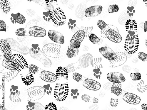 Seamless background of footprints and animal footprints. Vector illustration