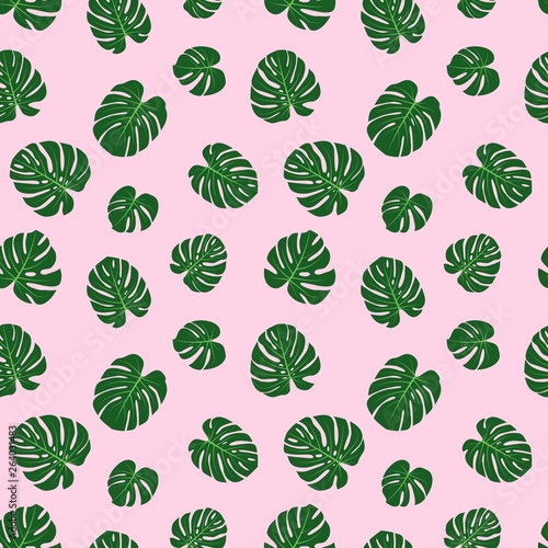 Seamless pattern of Monstera deliciosa or Swiss cheese plant leaves. Green tropical leaves pattern on pink background. Vector illustration