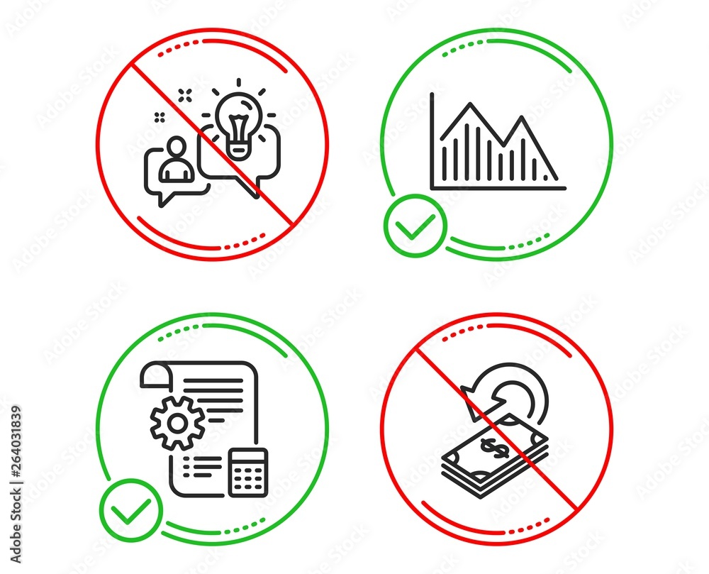 Do or Stop. Settings blueprint, Idea and Investment graph icons simple set. Cashback sign. Report document, Solution, Investment infochart. Financial transfer. Business set. Vector Do or Stop. Settings blueprint, Idea and Investment graph icons simple set. Cashback sign. Report document, Solution, Investment infochart. Financial transfer. Business set. Vector