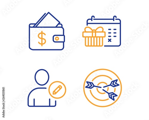 Wallet, Christmas calendar and Edit user icons simple set. Targeting sign. Affordability, Presents day, Profile data. Target with arrows. Business set. Linear wallet icon. Colorful design set. Vector
