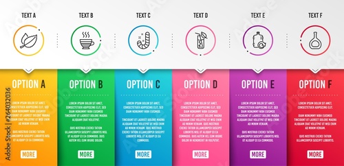 Refill water, Mint leaves and Water glass icons simple set. Cafe creme, Candy and Cognac bottle signs. Cooler bottle, Mentha herbal. Food and drink set. Infographic template. 6 steps timeline. Vector