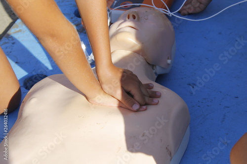 Resuscitation technique on dummy. First aid reanimation, CRP training, medicine, healthcare and medical concept