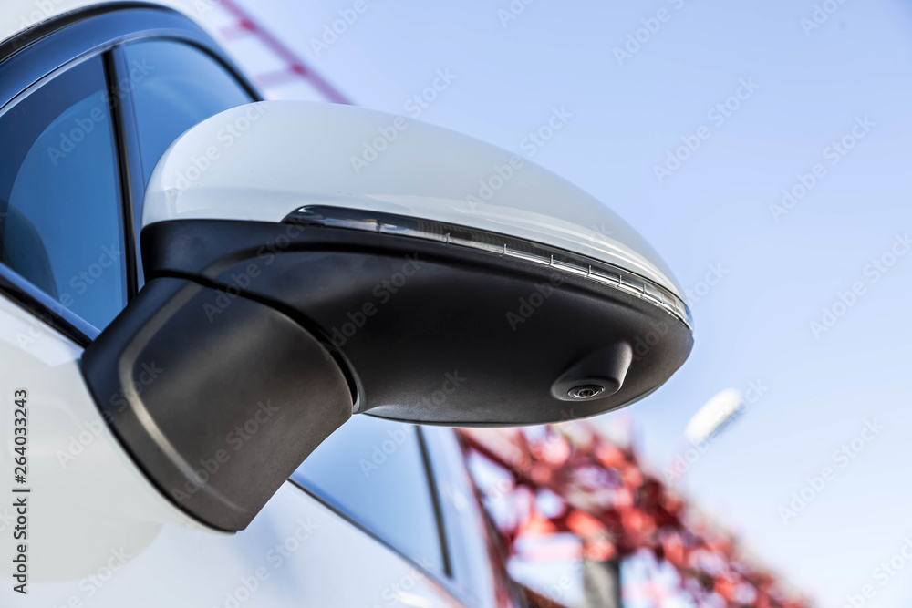 Left Side. Rear View Mirror Cover with Surround View 360 Degrees Camera. on  a White Premium SUV. Parked on the Street Stock Image - Image of equipment,  mirror: 147805131