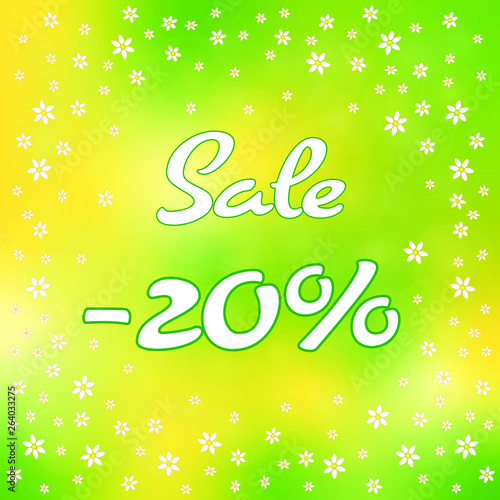 "Sale -20%" mit gelbgrünem Frühlingsbokeh als Hintergrund mit kleinen Blumen