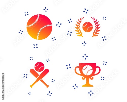 Baseball sport icons. Ball with glove and two crosswise bats signs. Winner award cup symbol. Random dynamic shapes. Gradient baseball icon. Vector