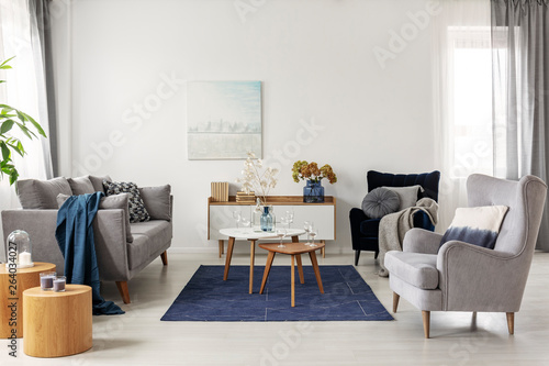 White living room with comfortable armchair, coffee tables and grey scandinavian couch © Photographee.eu